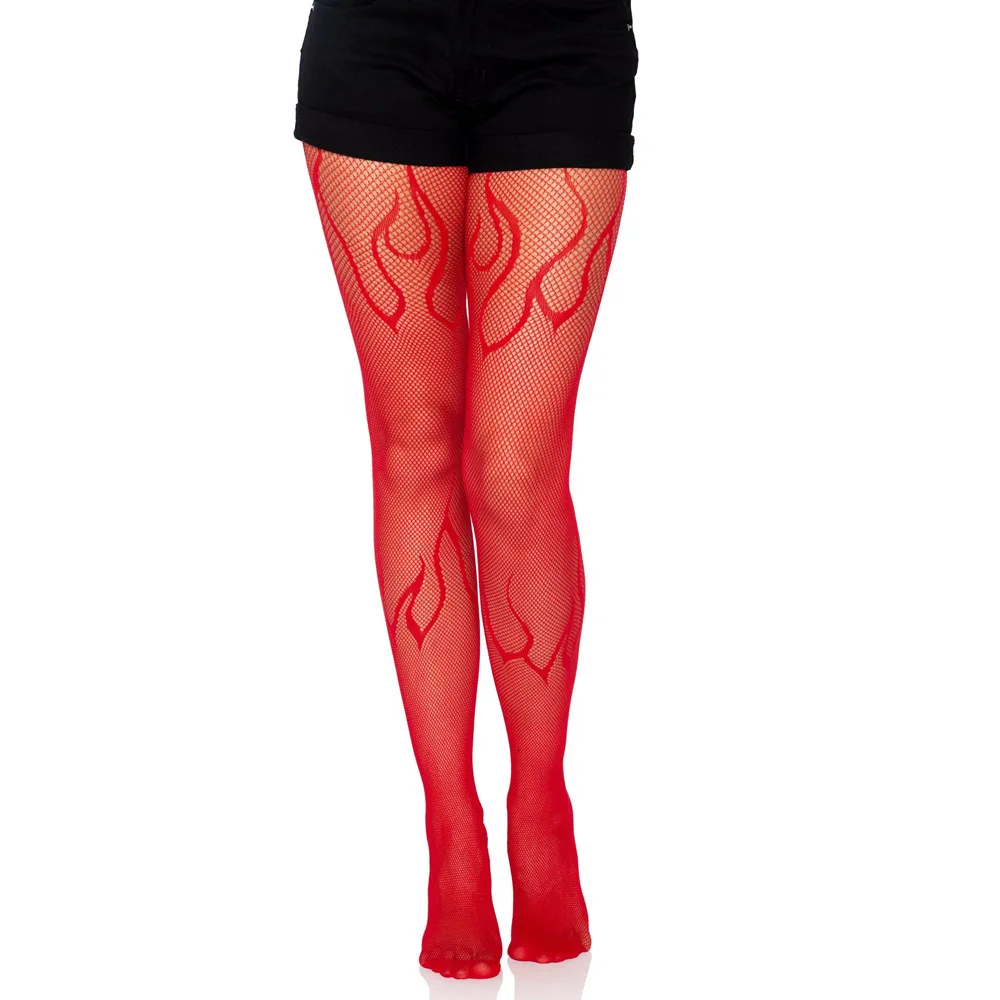 Jacquard Red Fishnet Tights Socks Sexy Stockings Flame Net Pants Spider Skull Tights New Sex Sheer Pantyhose High Elastic