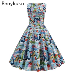 2026 Summer 50s 60s Hepburn Retro Style Print Dress Sleeveless O Neck Women's Party Robes Elegant A Line Swing Vintage Dresses