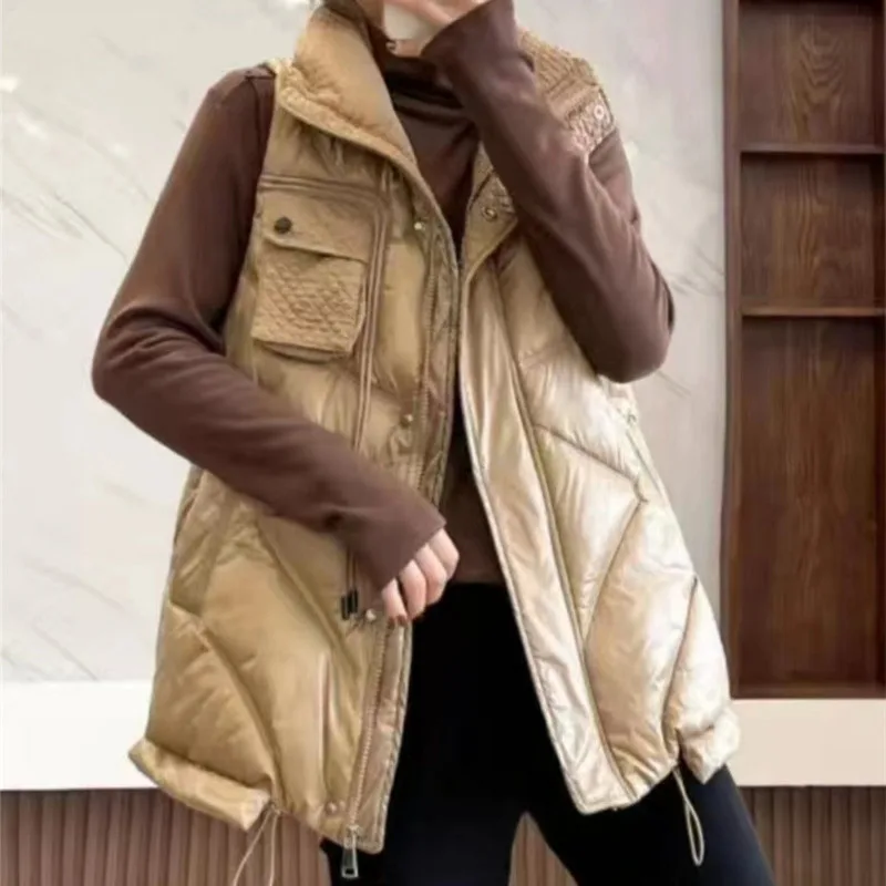 Autumn Winter Women\'s Bright Down Cotton Vest Fashionable Loose Sleeveless Waistcoat Casual Solid Color Female Jacket Top