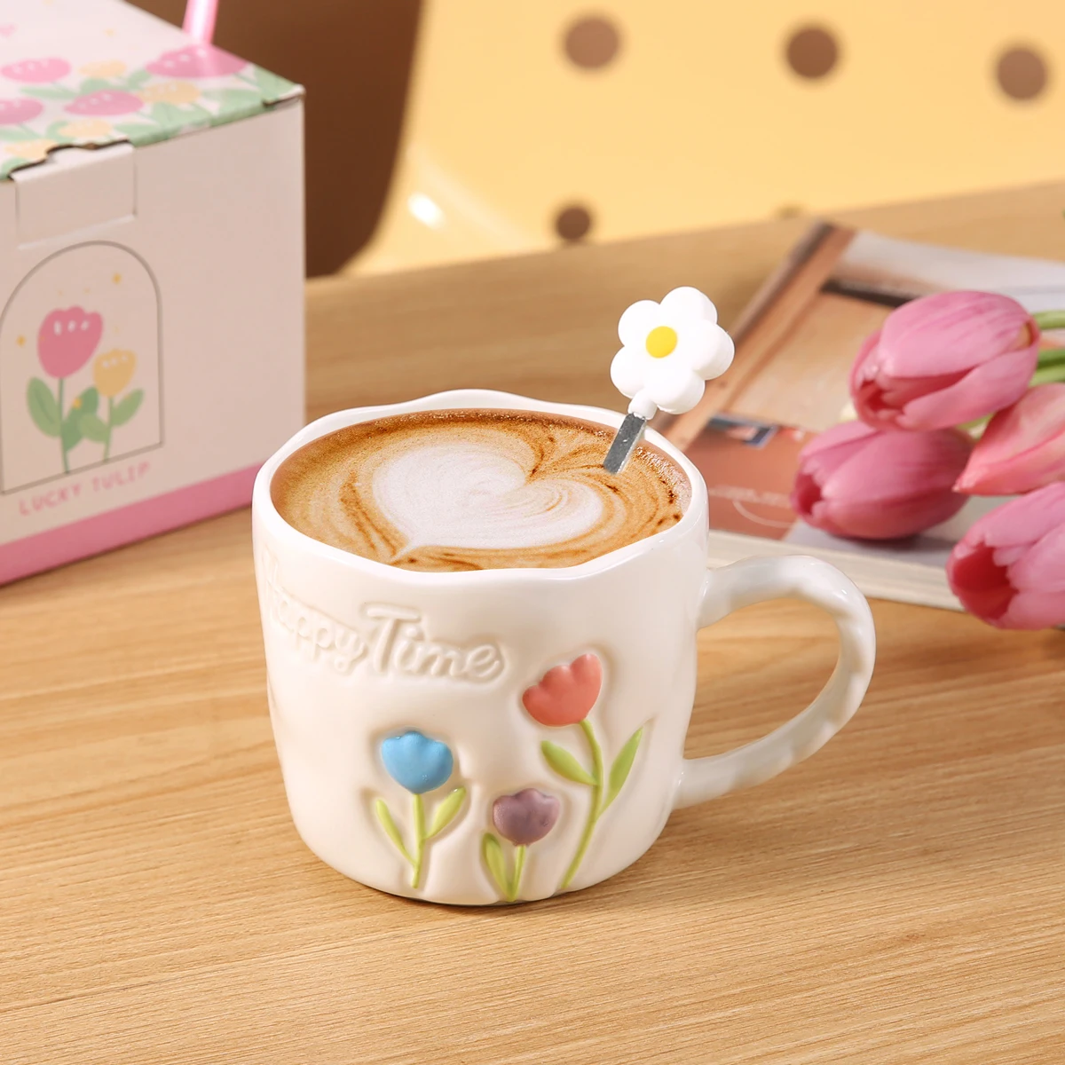 450ml Ceramic Water Cup High Beauty Tulip Flowers Pattern Underglaze Mug Birthday Gift for Girls Wedding Companion Gift Box
