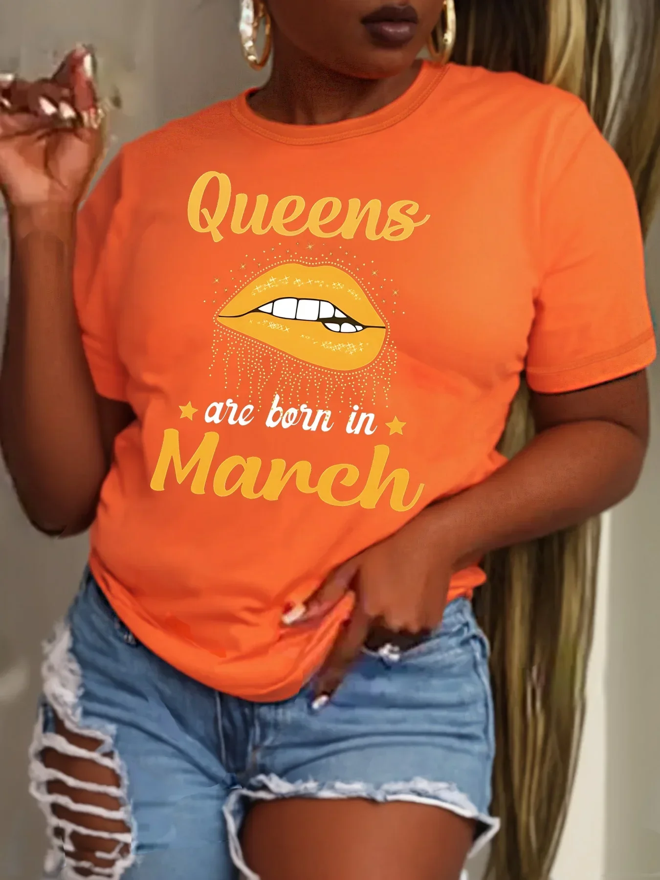 Women Plus Size Clothing Summer Round Neck Short Sleeve Printed Letter QUEENS Lips Casual Loose Plus Size T-Shirts Y2k Top