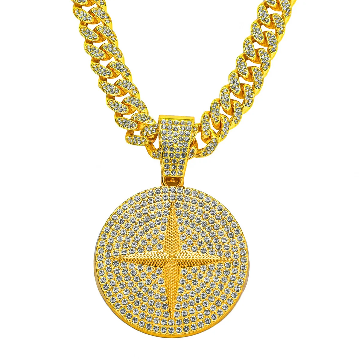 Trend Full Diamond Alloy Cross Star Pendant Hip-Hop Cuba Necklace