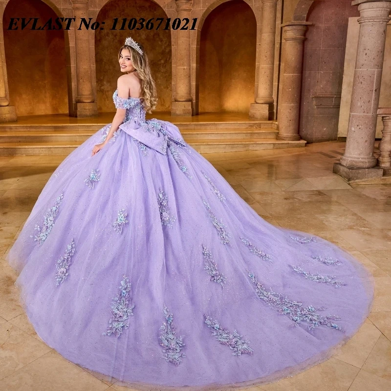 EVLAST Maßgeschneidertes Lavendel-Quinceanera-Kleid, Ballkleid, Blumenapplikation, Perlenschleife, Korsett, Sweet 16, Vestidos de 15 Anos SQ721