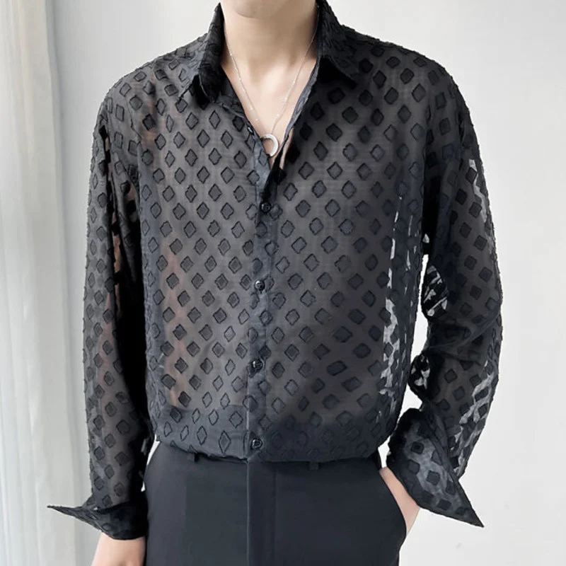 Summer 2023 Casual Spring Shirt Streetwear Social Party Tuxedo Singer Stage Chemise Homme Loose Hollow See-through Shirt Men