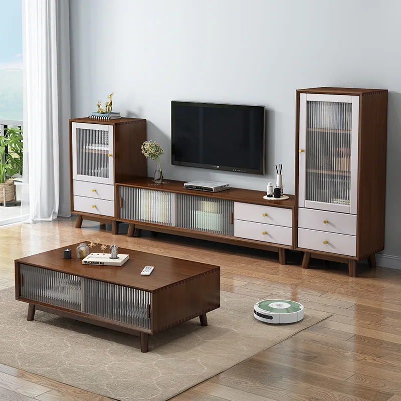 Nordic simple TV cabinet coffee table combination living room home modern solid wood small apartment Changhong glass log color