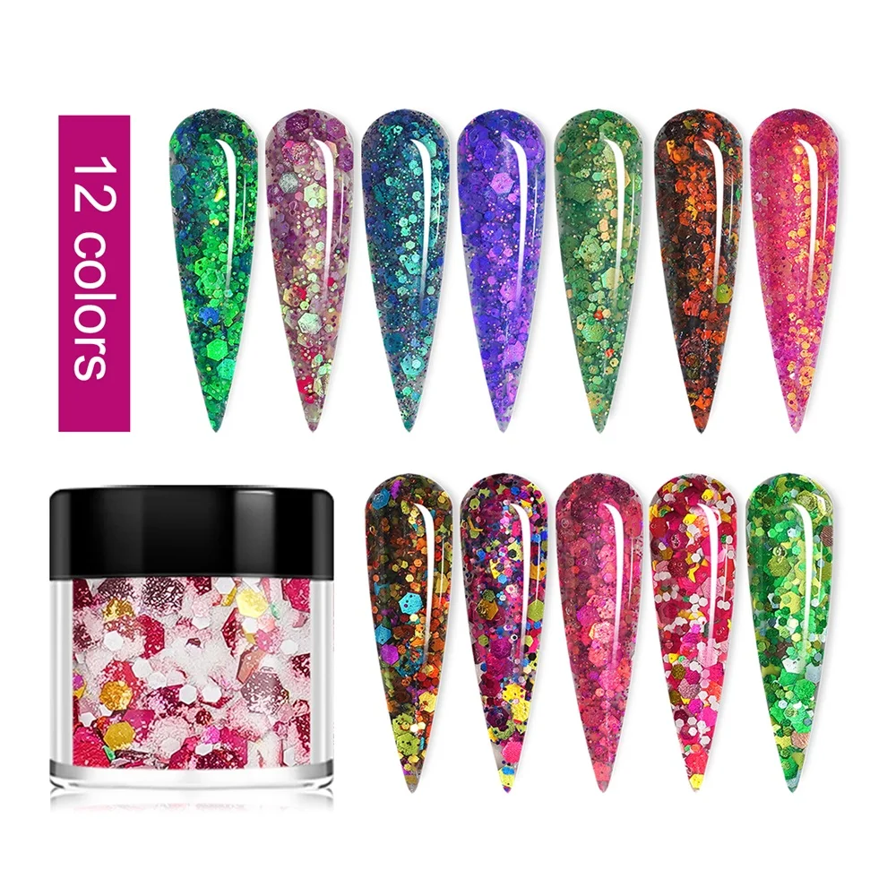 HNDO 12 kolorów butelka Nail Art kolorowe cekiny Pigment pył akrylowy proszek do zanurzania zestaw brokat do paznokci profesjonalny materiał