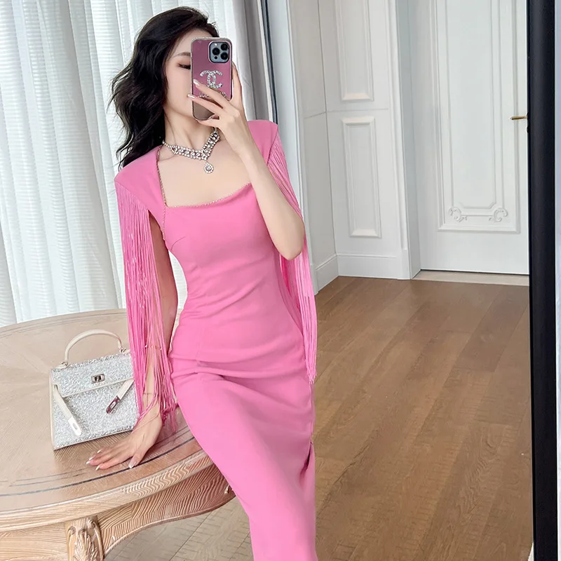 

2023 Summer New Style Woman Bandage Elegant Square Neck Slim Sexy Party Dress Ladies Tassel Sleeve Pink Bodycon Dresses Vestidos