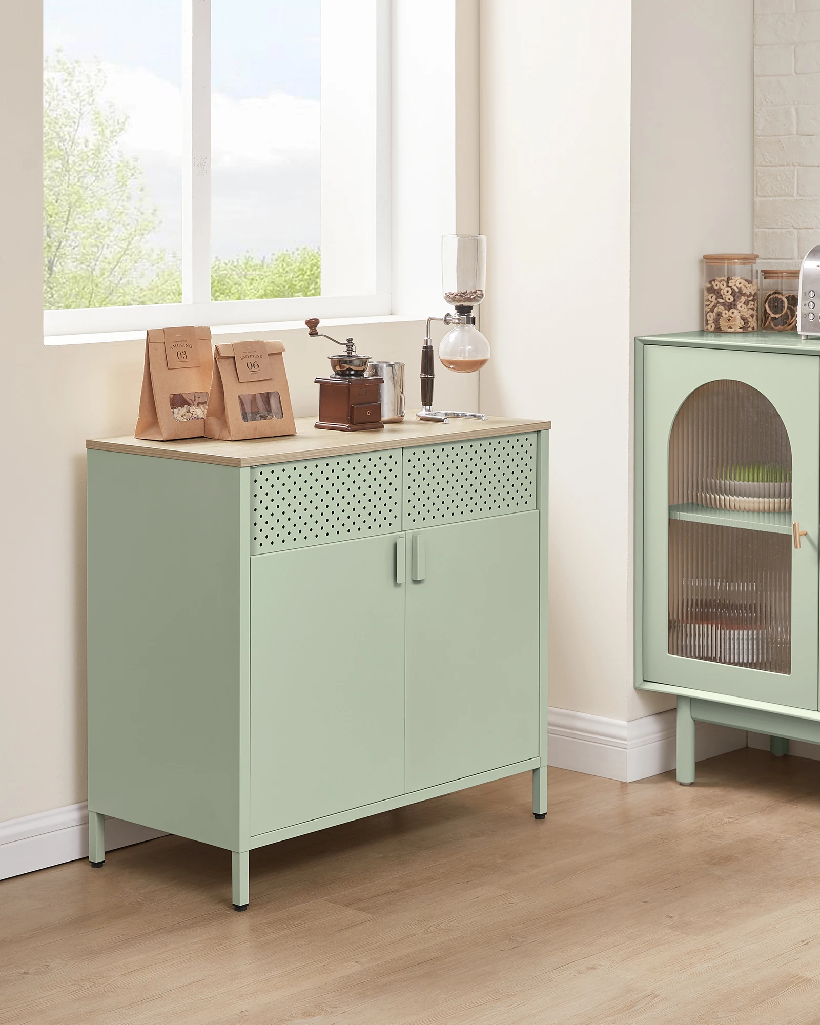 Sideboard, küchenschrank, schrank mit Doppeltür, verstellbarer Einlegeboden, Stahlgestell, Industriestil, multifunktional
