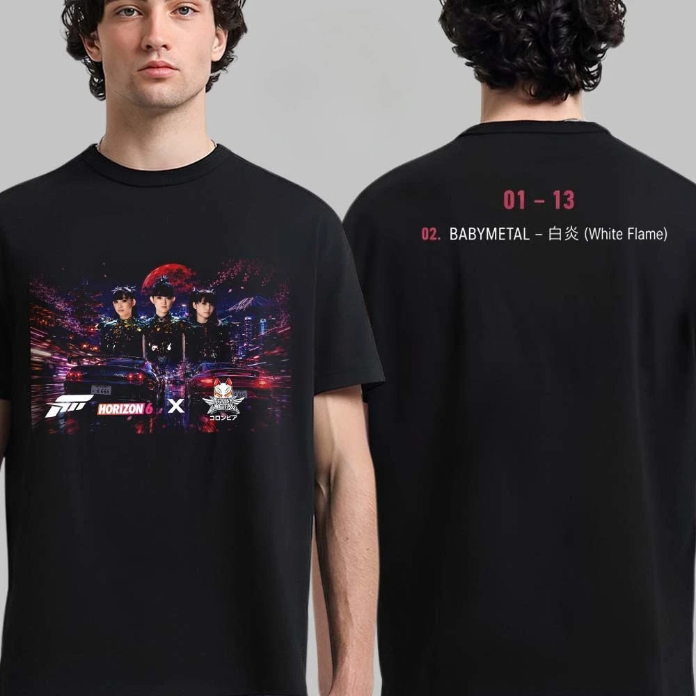 Camiseta BABYMETAL X Forza Horizon 6 para hombre y mujer, camiseta informal de manga corta de algodón para fanáticos del juego de carreras de bandas de metal japonesas