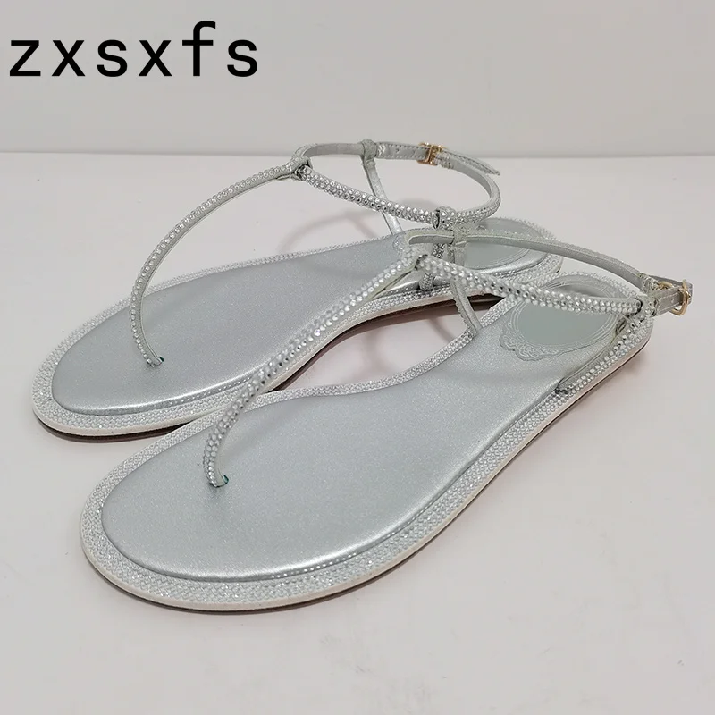 

Summer New Leather Crystal Round Toe Sandals Women Flip Flops Buckle Strap Mules Brand Casual Holiday Shoes Daily Shoes Mujer