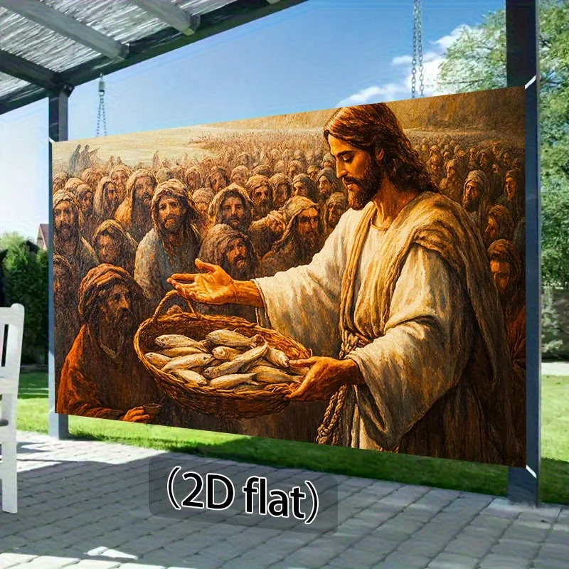 One 2D flat background panel featuring a Bible theme, with Jesus, a bread basket and fish.XY view 5