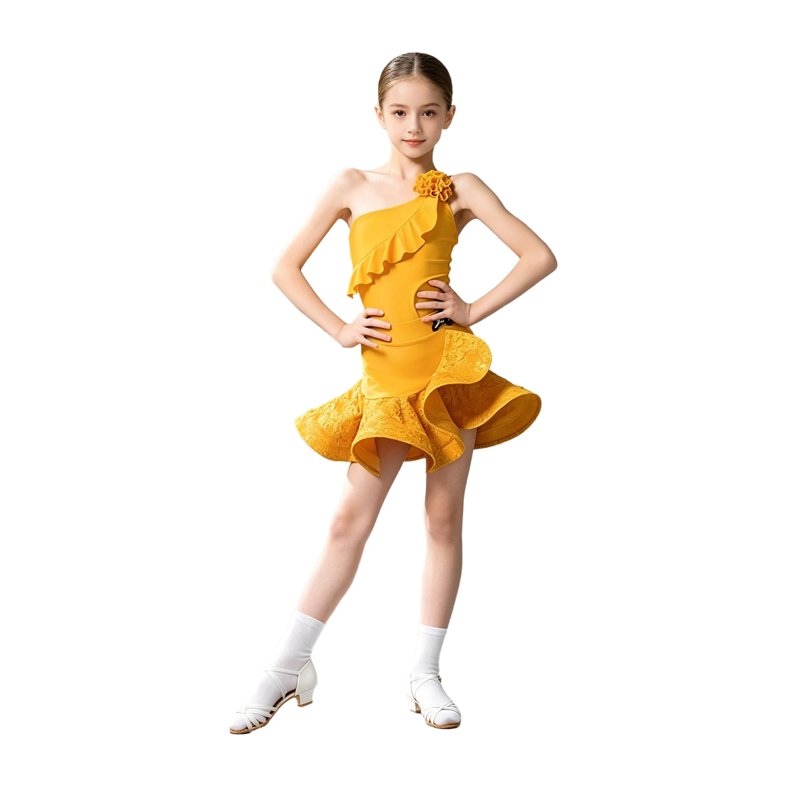 Kid Girls Latin Dance Dress One Shoulder Ruffled Dresses Tango Cha-cha Salsa Samba Ballroom Dancing Practice Performance Costume