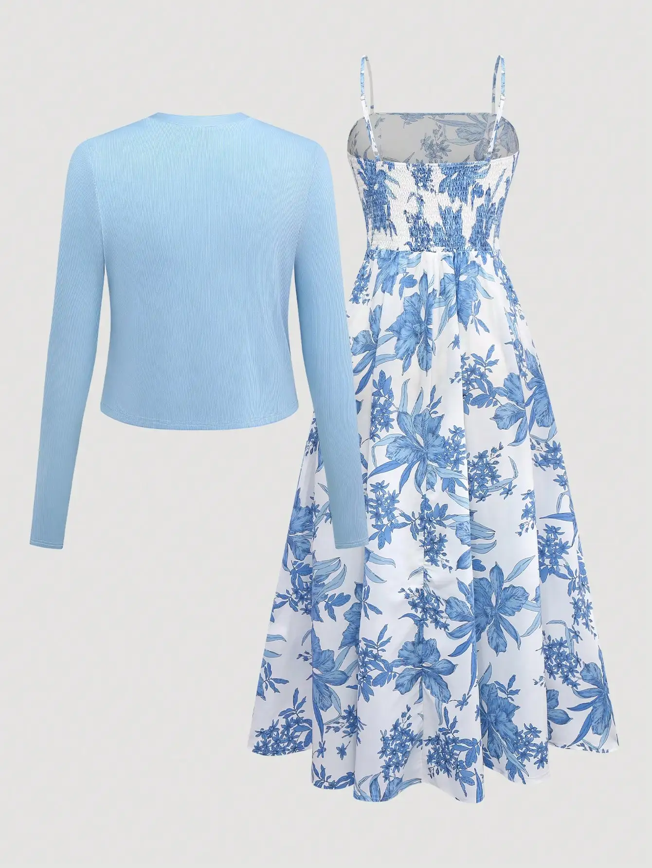 

Women 2 Piece Set Solid Color Open Front Long Sleeve Jacket And Floral Print Cami Dress For Spring Fall