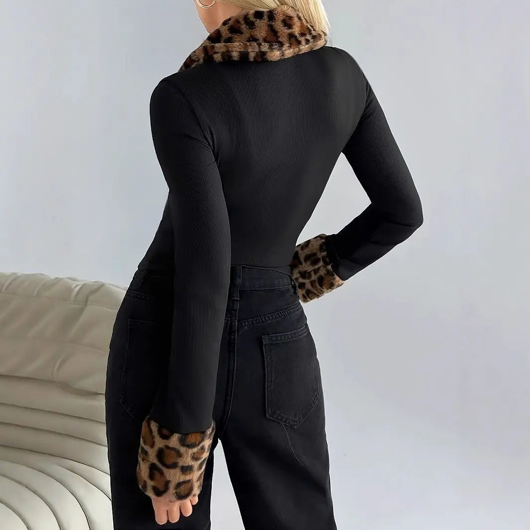 

High-end Leopard Print Fur Collar Knitted Cardigan Short Zipper Style Solid Color Slim Fit Jacket for Women
