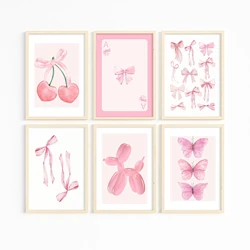 Trendy Pink Wall Art Bows Cherry Balloon Puppy Butterfly Canvas Painting Posters and Prints College Apartment Girl's Room Decor