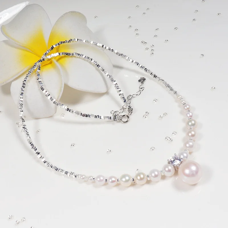 

Freshwater Pearl Full Body S925 Sterling Gradient Fragmented Silver Necklace Jewelry