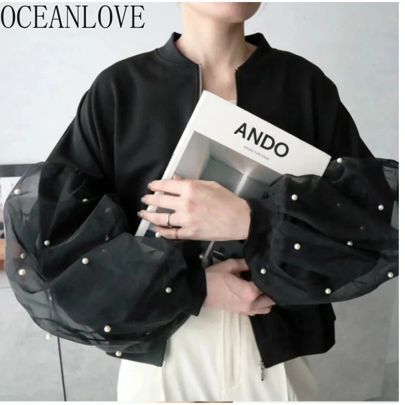 OCEANLOVE Mesh Patchwork Beading Jackets Women Japanese Style Solid Spring Autumn Chaquetas Mujer Zipper Retro Outwears