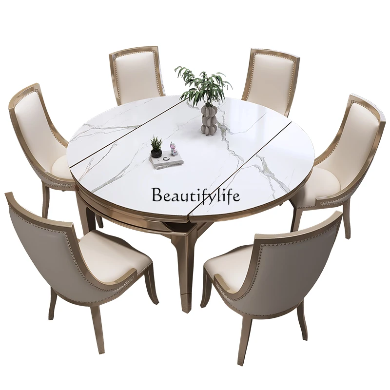 

American-Style Retractable Stone Plate Dining Table Household Variable round Table Light Luxury Folding Solid Wood