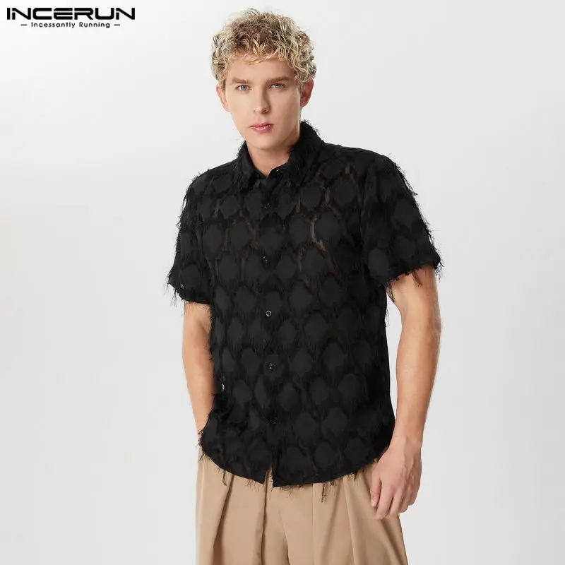 

Handsome Well Fitting Tops INCERUN Men Texture Perspective Design Shirt Leisure Streetwear Male Short Sleeved Lapel Blouse S-5XL