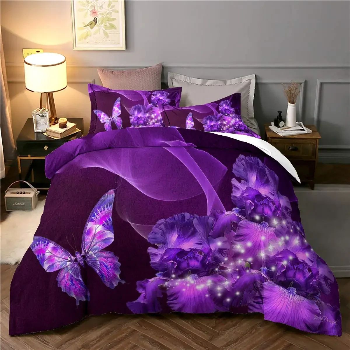 3D Dreamy Night Butterfly Printed Duvet Cover Set Pink Purple Blue Black Flying Butterflies Bedding Set with Pillowcase 2/3pcs