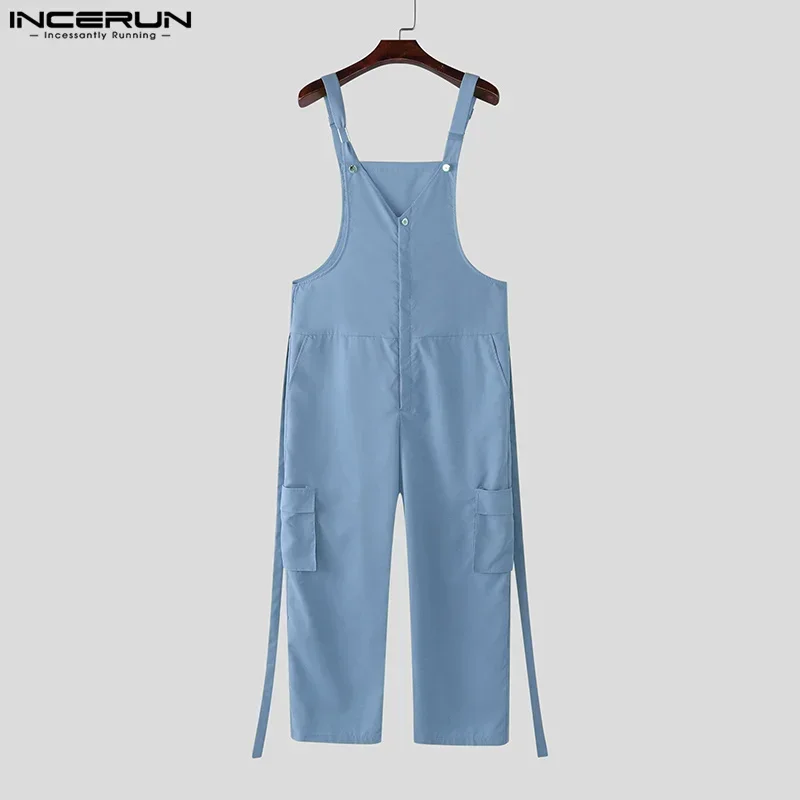 

INCERUN Men Jumpsuits Solid Color Sleeveless Pockets Straps Rompers Oversize Streetwear Summer 2025 Casual Male Overalls S-5XL