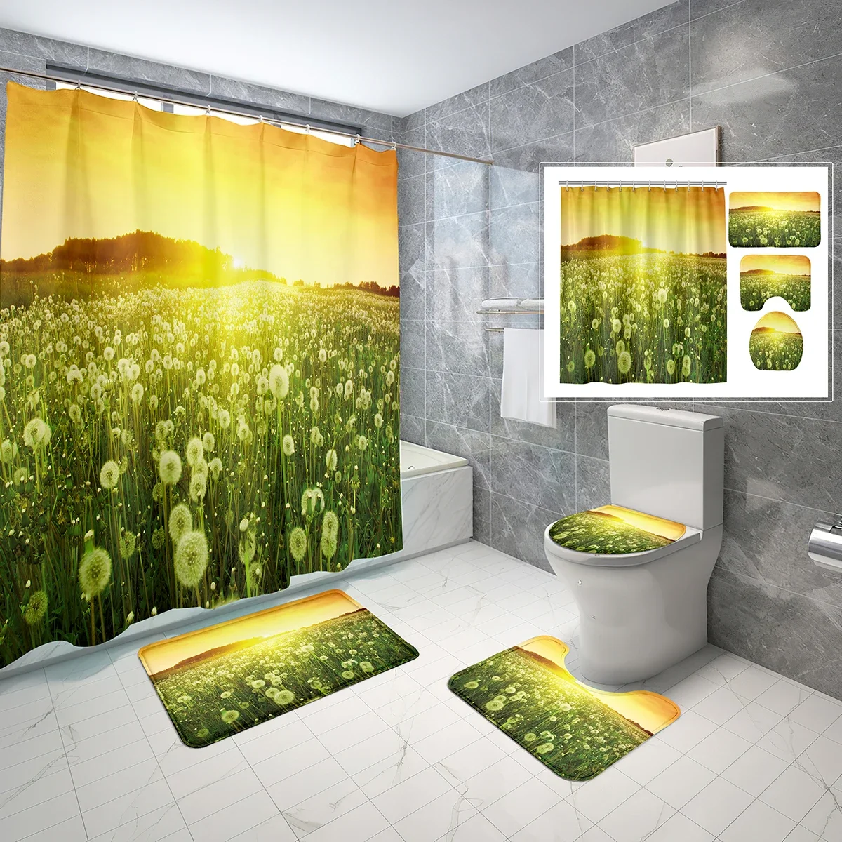 4 PCS Dandelion Shower Curtain Set Dandelion Seeds Blown Away Shower Curtain Bathroom Non-Slip Bath Mat Toilet Cover Cover