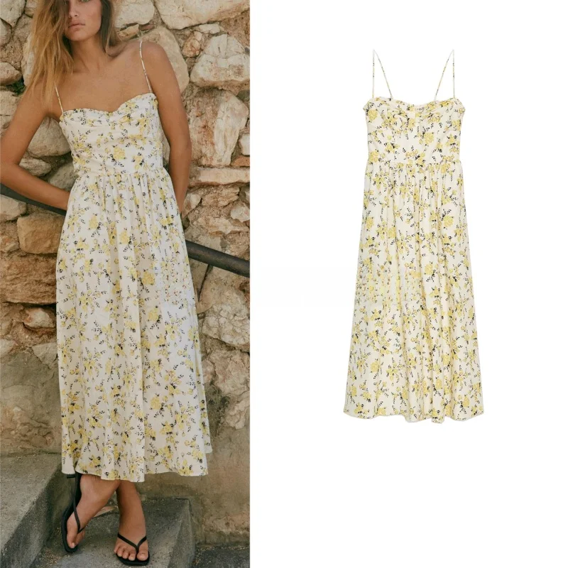Vestido Midi F Novo de Verão com Decote Coração, Decoração em Camadas, Estampa Floral, Seda Casual, Cintura Alta, Fibr...