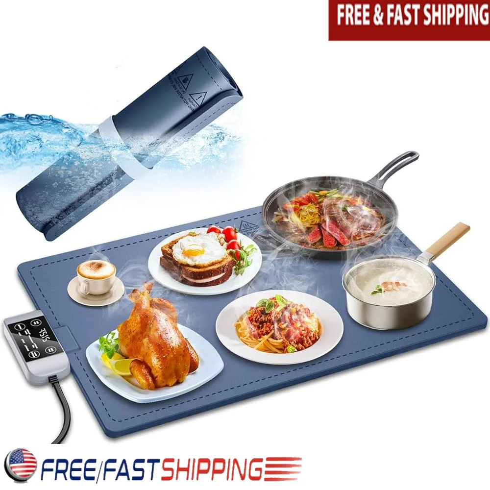 Estera eléctrica impermeable para calentar alimentos, bandeja calefactora de silicona, 17 ajustes de temperatura, temporizador de 6 horas, diseño antideslizante, calefacción de superficie completa