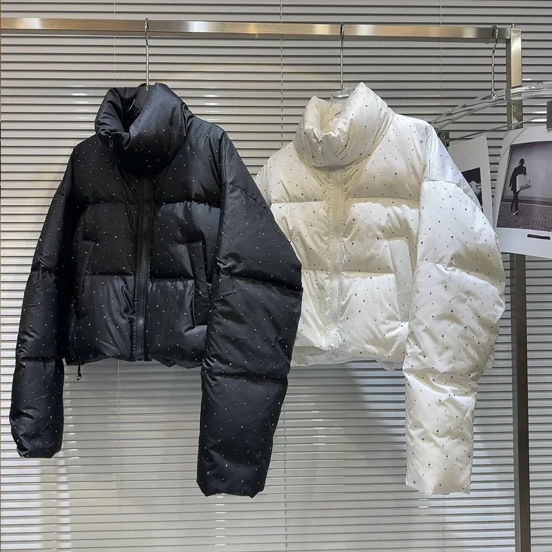 Women Autumn Winter Elegant Puffer Jacket Coats Chic Short Zipper Parkas Coat Korean Fashion Stand Collar Jacket Solid Outerwear
