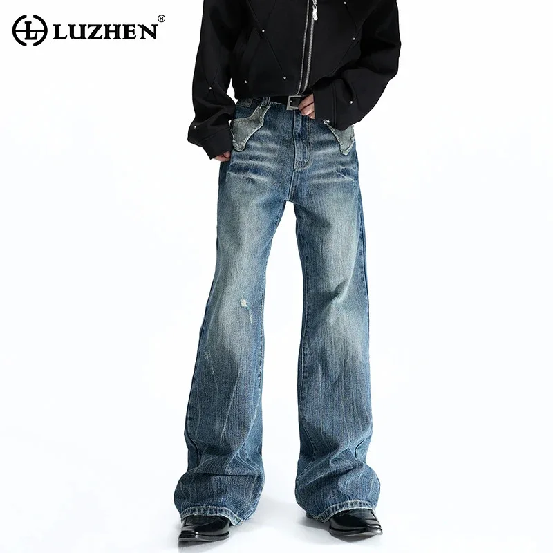 LUZHEN 2026 Broken Hole Patched Niche Design Stripe Washed Wide Leg Jeans Men's Trendy Handsome High Quality Denim Pants JY8688