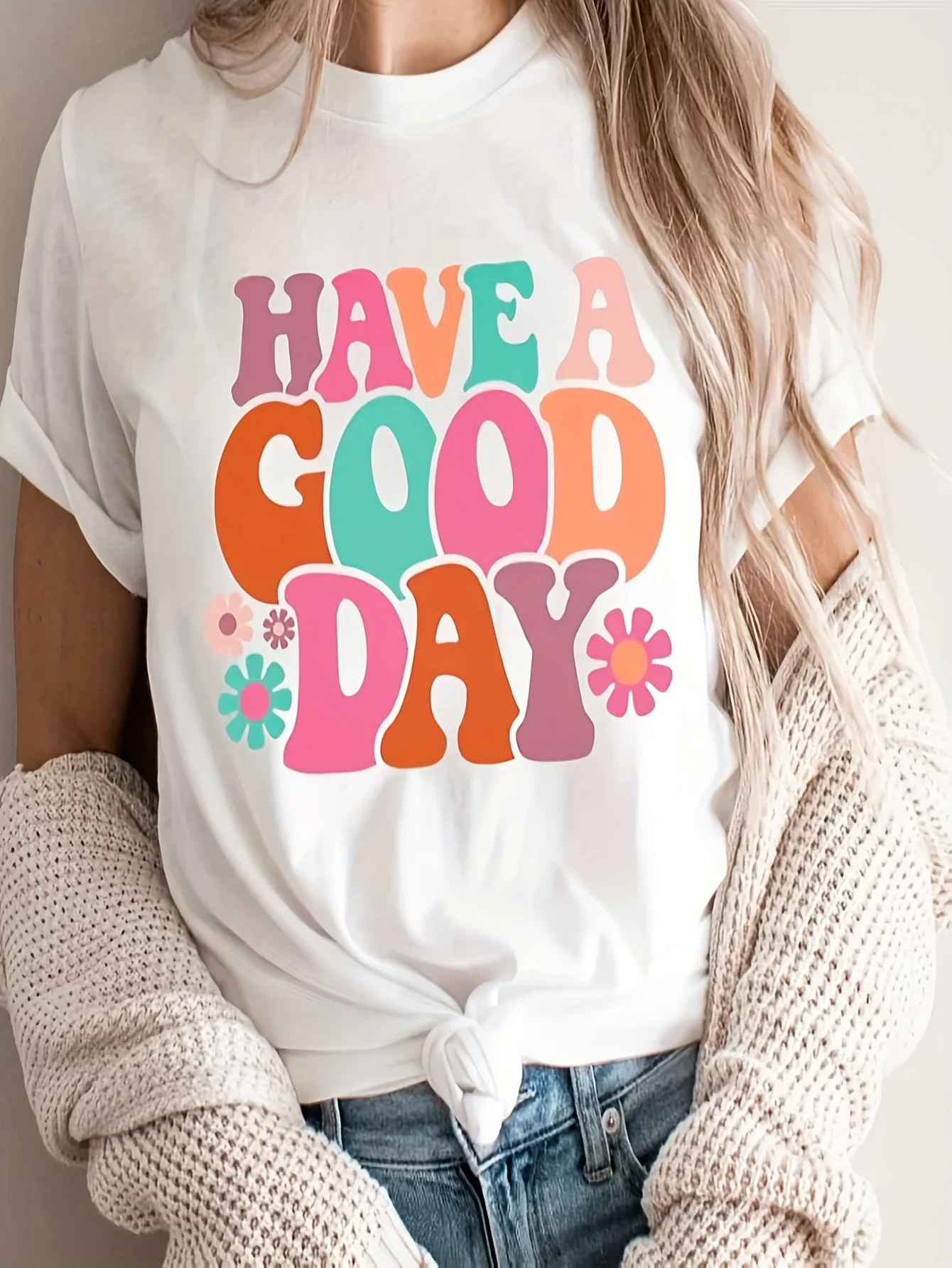 Damen-Baumwoll-T-Shirt mit „It's a Good DAY“-Grafikdruck, Blumenakzenten, lockere Passform, Rundhalsausschnitt, kurze Ärmel, lässiges Sommer-T-Shirt