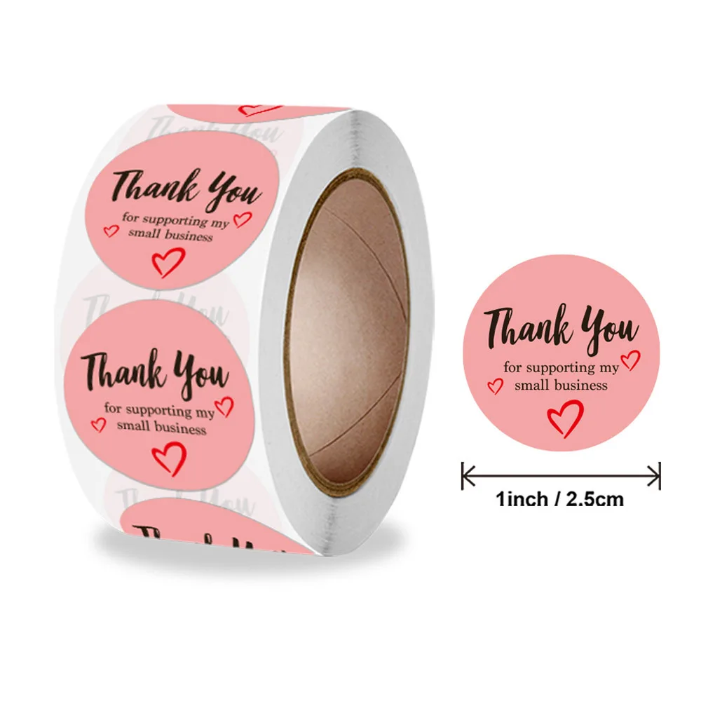 50-500Pcs Round Pink Thank You With Heart Sticker Seal Labes 1Inch Hand Made With Love Sticker Decorative Stickers