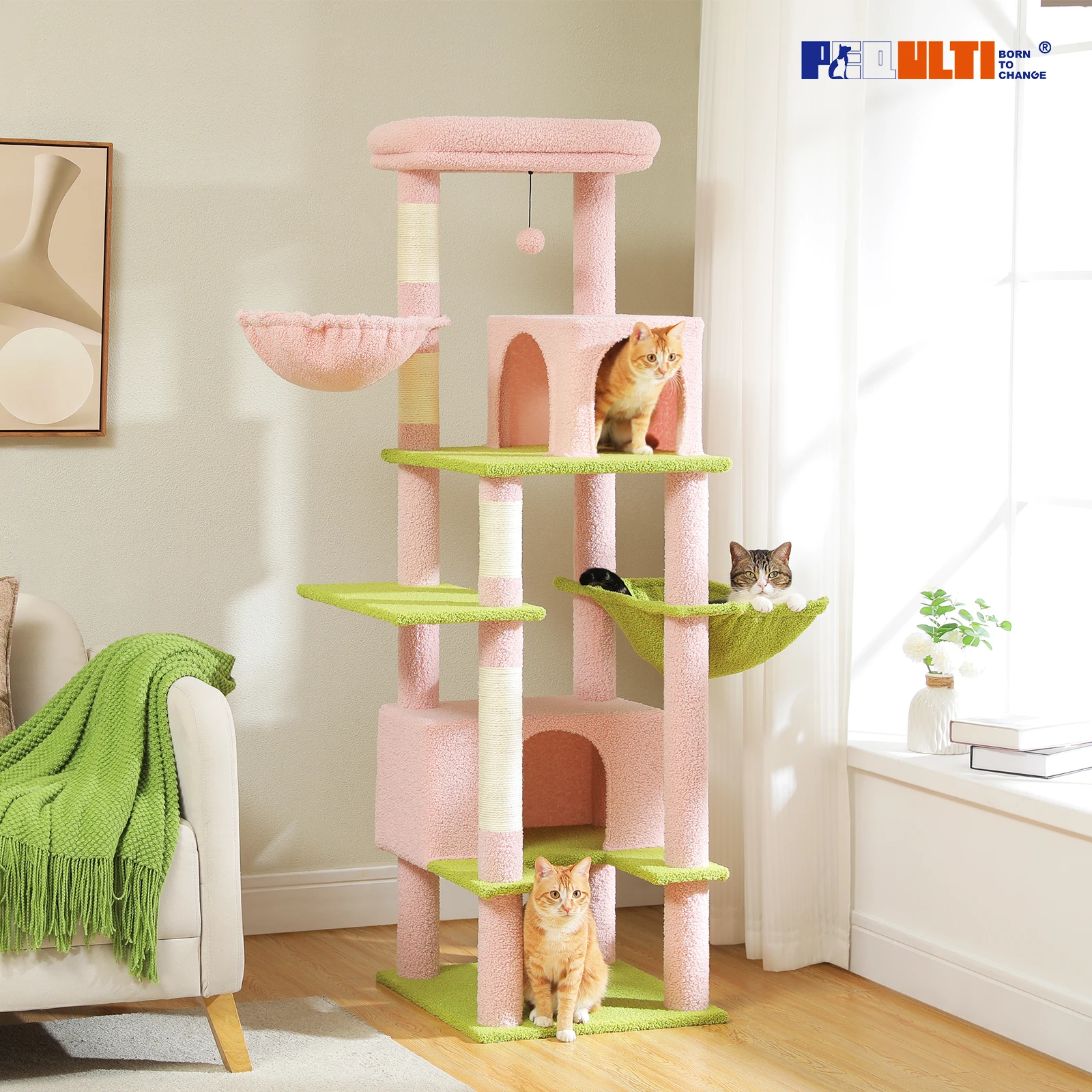 Large Cat Tree for Indoor Cats Adult, Cat Tower with Sisal-Covered Scratching Post, Super Large Metal Hammock and 2 Big Condos