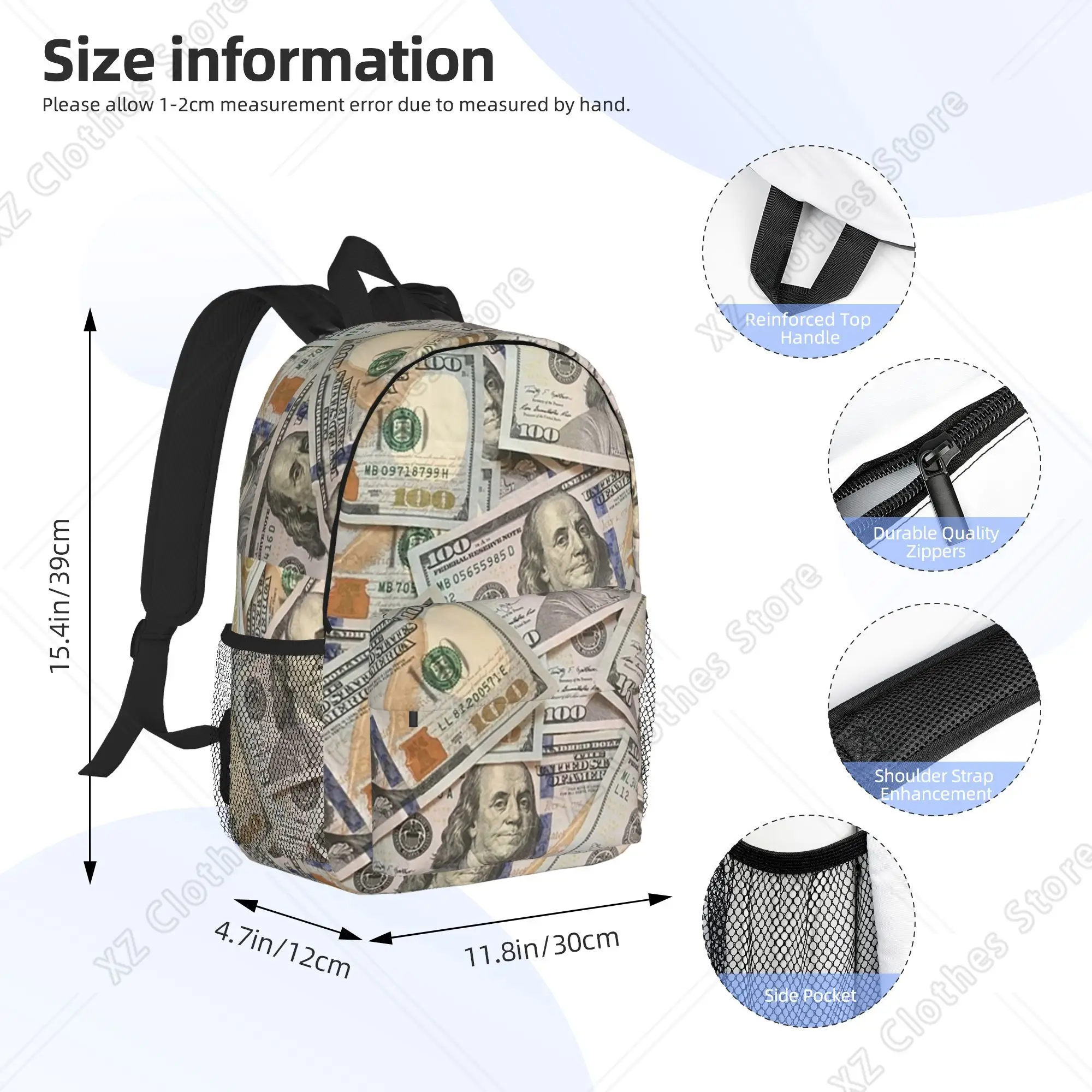 New Hundred Dollar Bills Money Attraction Backpack Hot Sale Daypack  Boys Girls BookBag Shoulder Bags for Men Women School Bag