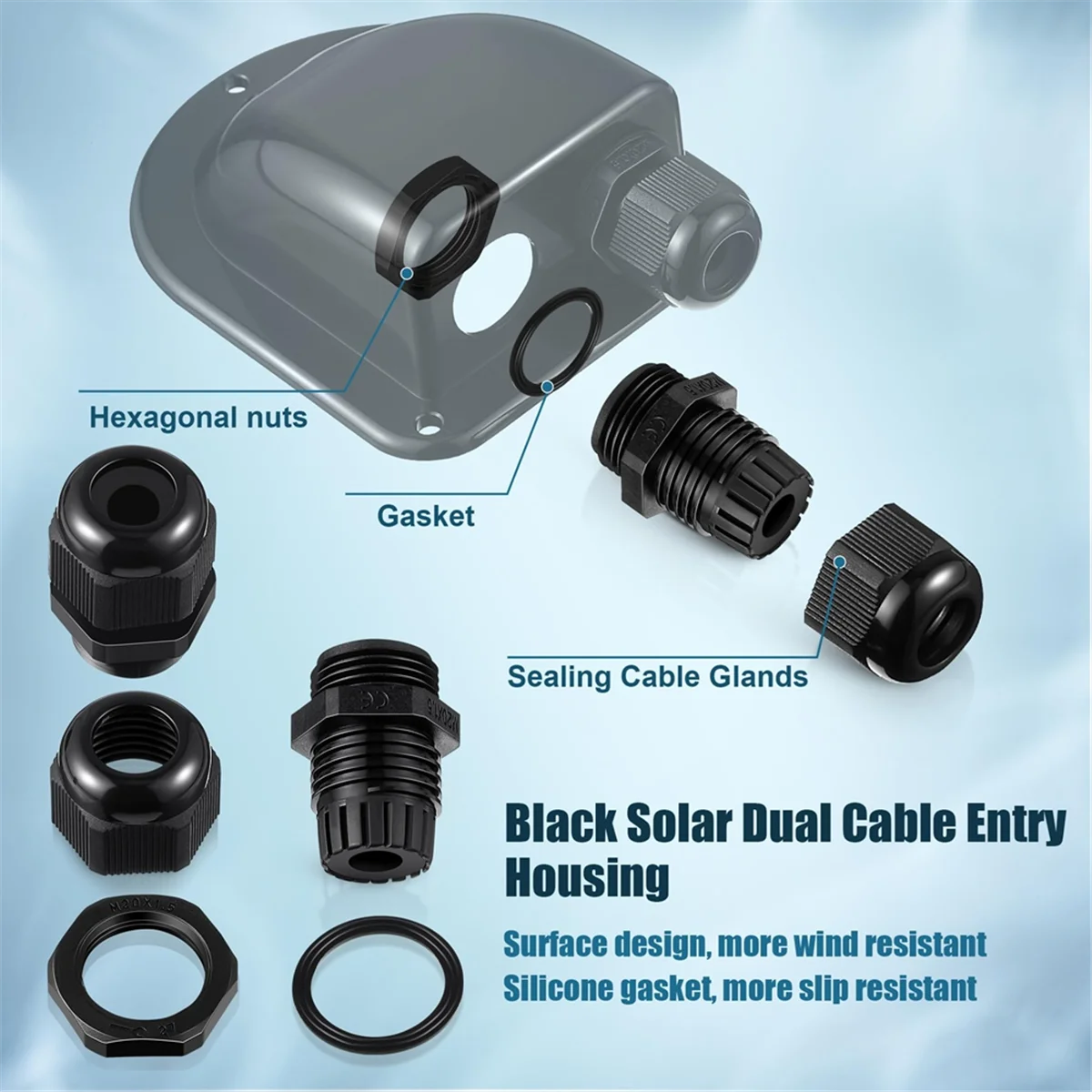 A83Z 2 Pack Solar Cable Entry Gland,Solar Gland, Dual Cable Entry Housing for All Types 3mm² to 10mm² RV,Caravan,Marine Black