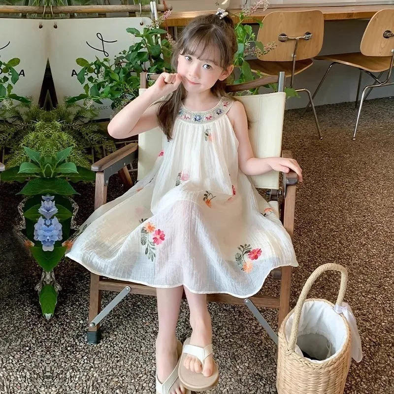 2026 Summer Kids girls chiffon Fairy Tulle halter Pleated Floral Dresses layered Princess Children braces teens 4 8 10 12 Year