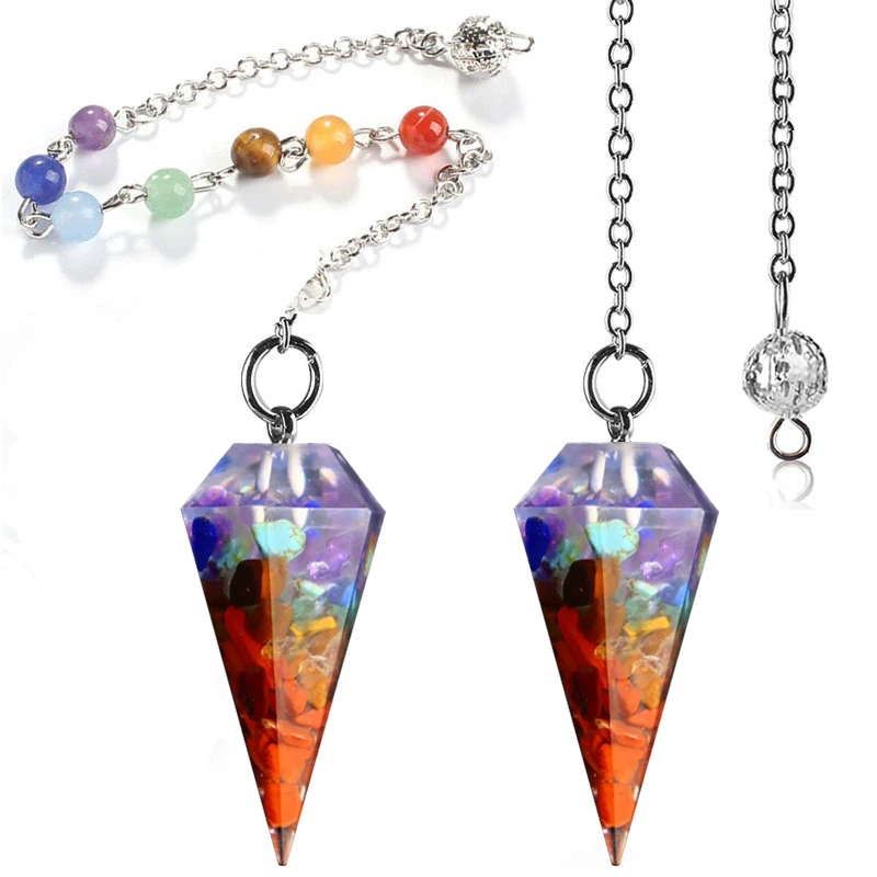 7 Chakras Chain Resin Hexagon Pointed Cone Pendant Pendulum Decoration Reiki Healing Yoga Natural Stones Jewelry DIY Necklace