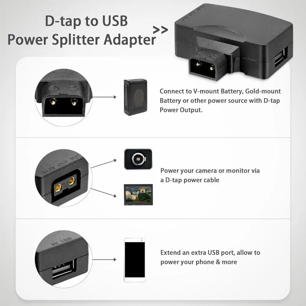 11V-17V D Tap to USB Adapter 5V/1.5A V-Mount Battery Power Adapter Universal Male to Female Power Splitter Adapter
