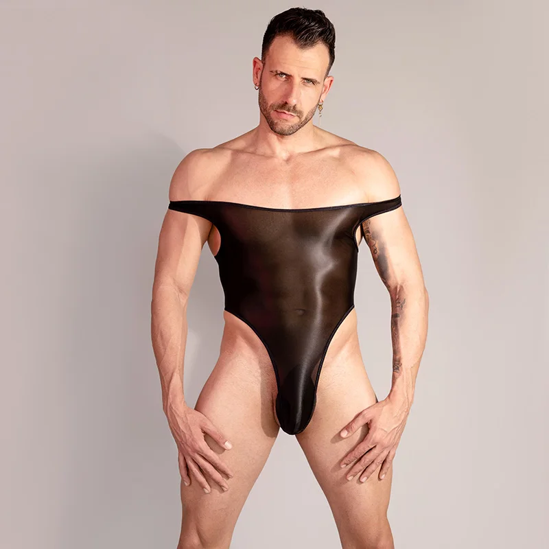 Sexy Shiny Glossy Deep U Neck High Cut Thong Mens Leotard Bodysuit Jumpsuit Underwear One-Piece Swimwear Sex Porn Clothes