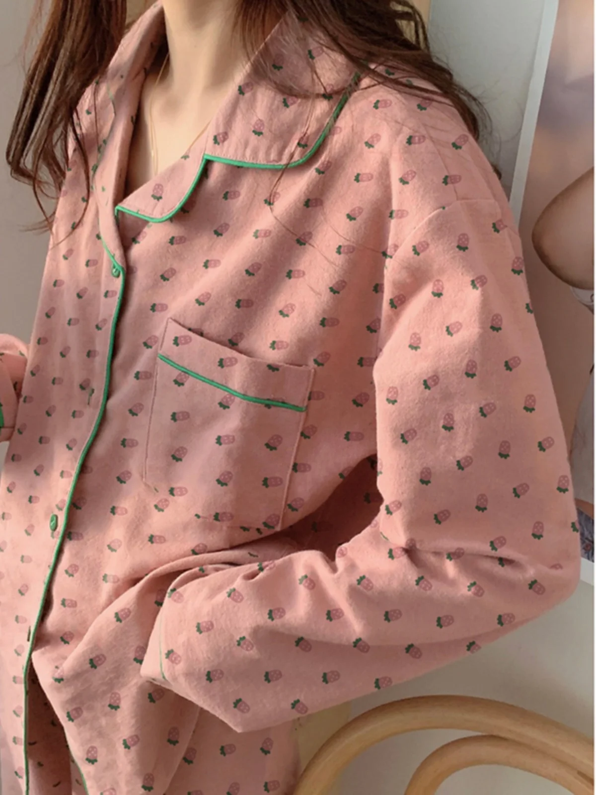  Strawberry Print Sleepwear Long Sleeve Long Pants Women's Outerwear Home Clothes Spring Autumn Sweet Style Casual Loose...