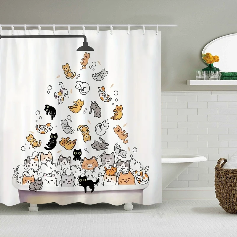 1/4pcs Cute Cat Printed Shower Curtain Set Shower Curtain With 12 Hooks Polyester Bath Curtain Bathroom Partition Decoration