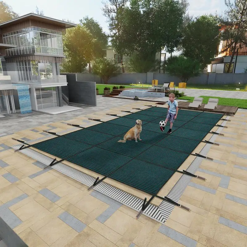 Cubierta de seguridad rectangular para piscina de 16x32 pies, malla de triple costura de alta resistencia, resistente a la abrasión con instalación