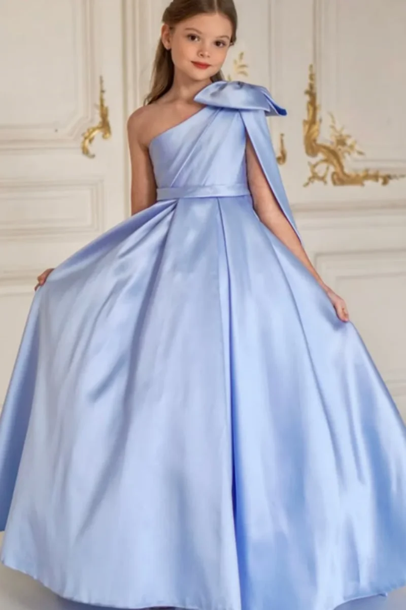 Maßgeschneidertes Satin-Blumenmädchenkleid mit einer Schulter und Schleife, Prinzessinnenkleid für Hochzeit, Kindergeburtstag, Erstkommunion, Abschlussball