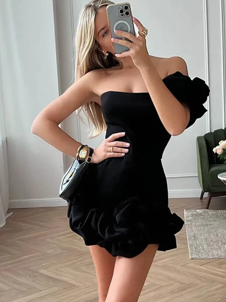 

2024 Summer new elegant graceful women's evening dress black sexy slimming sleeveless slim tube top tight pleated party mini dre