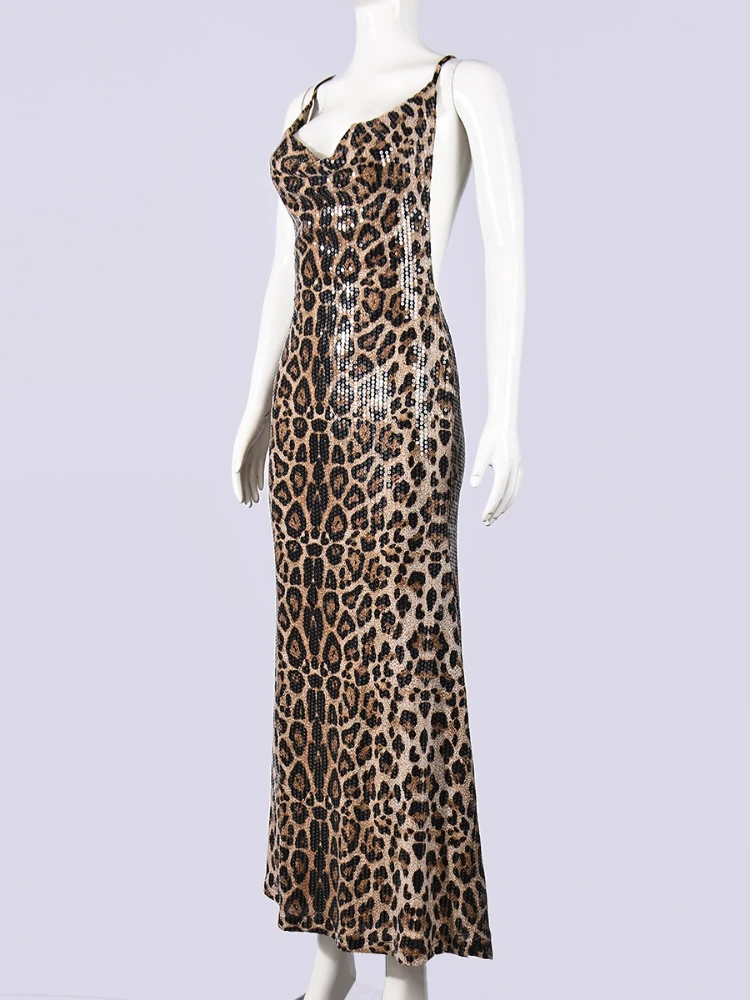 SsTss Vintage Leopard Print Camis Dress Mulheres Sexy Swinging Collar Sem Mangas Criss Cross Backless Slim Evening Party Maxi Vestido