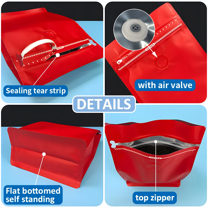 50 قطعة أكياس قهوة مسطحة القاع عالية الجودة مع صمام وسحاب كيس بطانة من رقائق الألومنيوم لتخزين حبوب البن مسحوق الطعام