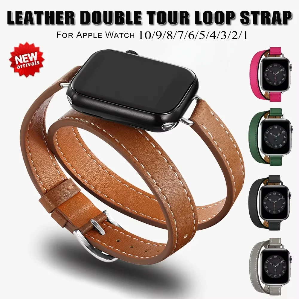 For Apple Watch band 40mm 41mm Double Tour leather Strap 45mm 44mm Series 9 8 7 6 Se 5 4 for Iwatch 10 42mm 46mm Fashion Correa