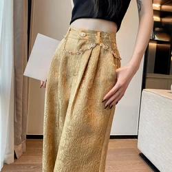 Spring Fall Women High Waisted Dobby Floral Wide Leg Golden White Black Pants , Woman Fashion Summer Jacquard Floral Trousers