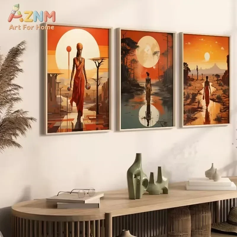 Canvas Wall Art African Woman Sunset Landscape Print Unframed Canvas Painting Ethnic Figure Poster Living Room Bedroom Home Deco