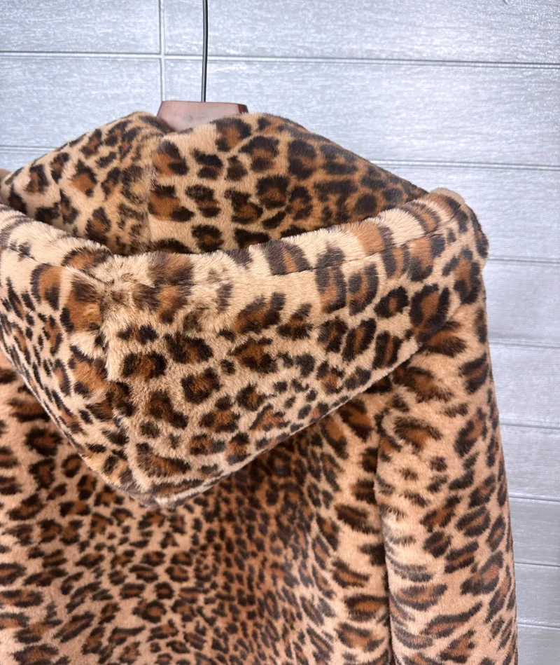 Female Fashion Leopard Print Faux Fur Coat Eco-friendly Hooded Jacket Lady Outerwear Women\'s Winter Coats Factory Direct Sales